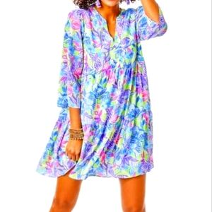 Lilly Pulitzer Martine Dress Wm's Large Multicolor Dew Drop Stay Fly V-Neck Nwt